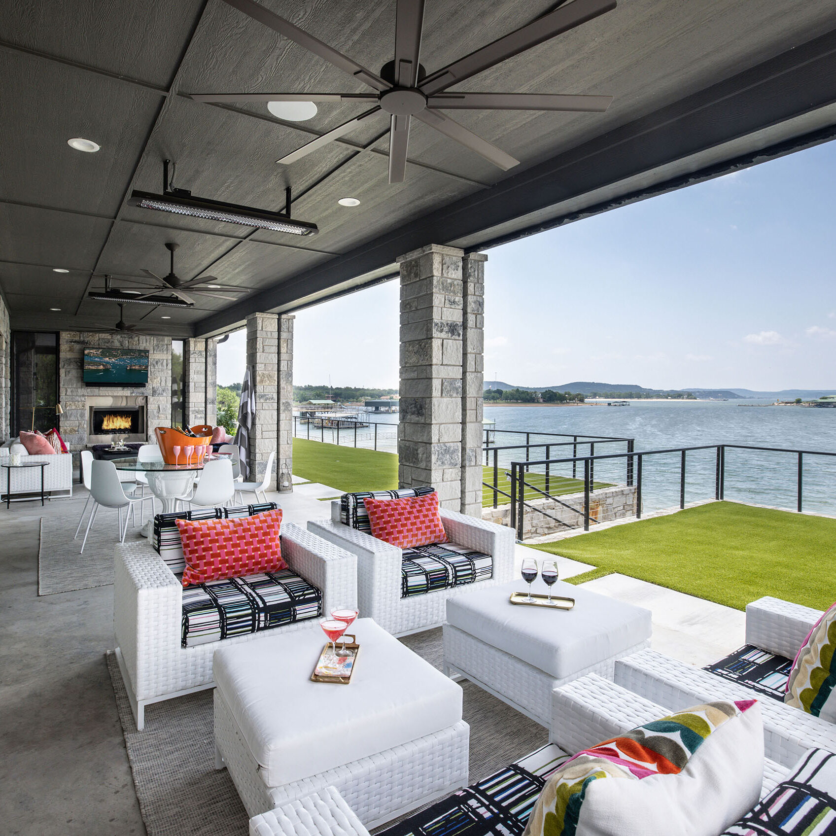 Lake house_Outdoor patio area with custom floorplan and furniture in whole home renovation in second home vacation property in Possum Kingdom Lake Texas